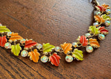 Vintage Enameled and Rhinestone Fall Leaves Necklace and Bracelet