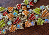 Vintage Enameled and Rhinestone Fall Leaves Necklace and Bracelet