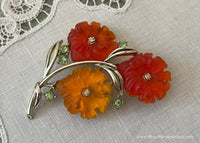 Vintage Star Lucite and Rhinestone Orange and Yellow Flower Brooch
