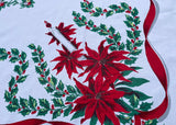 Vintage Christmas Tablecloth Poinsettia Candles Holly and Ribbon