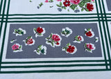 Vintage Tablecloth Petite Pink Roses and Dianthus on Green Grid with Gray