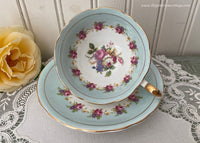 Vintage Soft Blue with Sprays of Pink Roses Teacup and Saucer