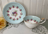 Vintage Soft Blue with Sprays of Pink Roses Teacup and Saucer