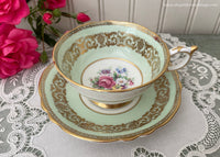 Vintage Paragon Double Warranted Green Gold Pink Roses Teacup and Saucer