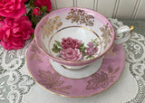 Vintage Royal Halsey Pink Iridescent Teacup and Saucer with Pink Roses