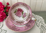 Vintage Royal Halsey Pink Iridescent Teacup and Saucer with Pink Roses