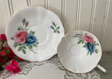 Vintage Pink and Blue Roses Queen Anne Teacup and Saucer