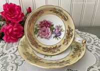 Vintage Royal Halsey Yellow Iridescent Teacup and Saucer with Pink Roses