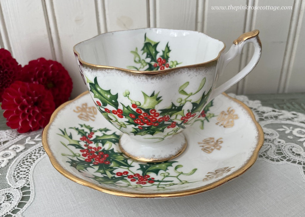 Vintage Queen Anne Christmas Yuletide Holly Berries Teacup and Saucer