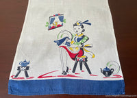 Vintage Broderie Tea Towel Cute Maid Singing Bird and Teapots