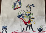 Vintage Broderie Tea Towel Cute Maid Singing Bird and Teapots