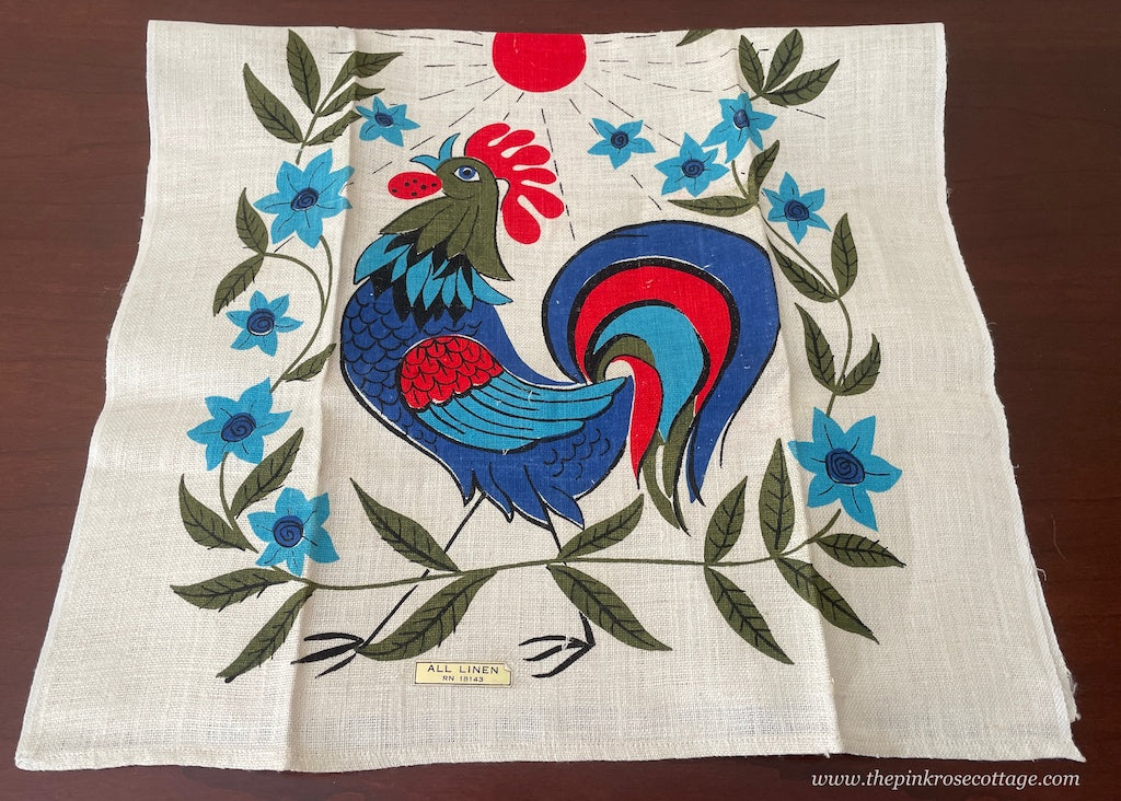 Unused Vintage Linen Tea Towel Rooster Flowers and Sunshine