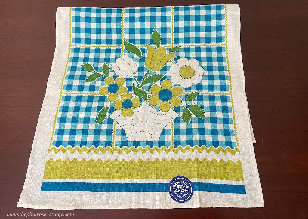 MWT Vintage Garden State Creation Teal Chartreuse Flower Basket Tea Towel