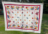 Vintage Super Spun Fruit and Kitchenware Tablecloth with Red Border