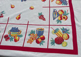 Vintage Super Spun Fruit and Kitchenware Tablecloth with Red Border