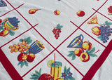 Vintage Super Spun Fruit and Kitchenware Tablecloth with Red Border