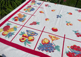 Vintage Super Spun Fruit and Kitchenware Tablecloth with Red Border
