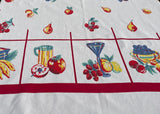Vintage Super Spun Fruit and Kitchenware Tablecloth with Red Border