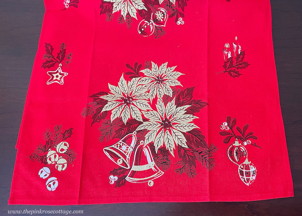 Unused Christmas Tea Towel Red Gold Poinsettia Ornaments Bells and More