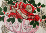 Unused Vintage Christmas Tea Towel Pink Compote with Ornaments and More