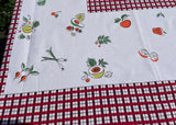 Vintage Fruit and Vegetable Tablecloth with Red and Black Plaid Border