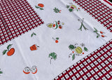 Vintage Fruit and Vegetable Tablecloth with Red and Black Plaid Border