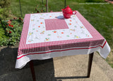 Vintage Fruit and Vegetable Tablecloth with Red and Black Plaid Border