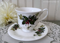Vintage Christmas Teacup and Saucer Holly Ivy and Evergreens