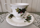 Vintage Christmas Teacup and Saucer Holly Ivy and Evergreens
