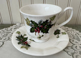 Vintage Christmas Teacup and Saucer Holly Ivy and Evergreens