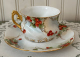 Antique Hand Painted Christmas Holly Berry Teacup and Saucer