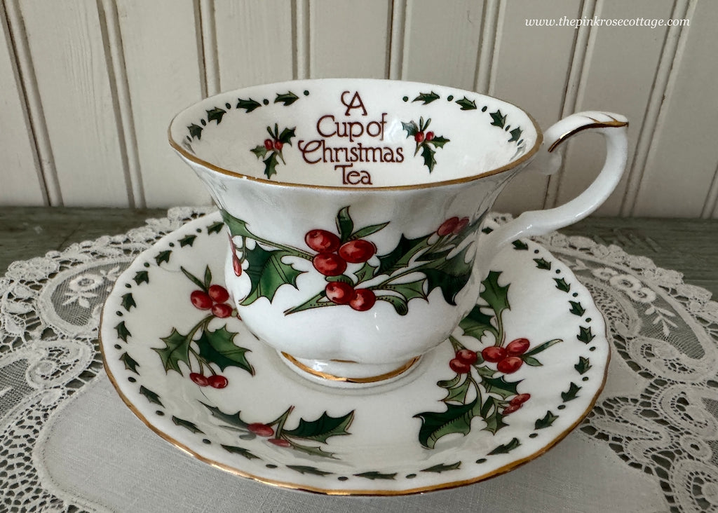 A Cup of Christmas Tea Teacup and Saucer by Warren Hanson Larger - The Pink Rose Cottage 