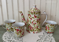 Vintage Christmas Chintz Holly Mistletoe Coffee Tea Pot and Cups