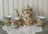 Vintage Christmas Chintz Holly Mistletoe Coffee Tea Pot and Cups