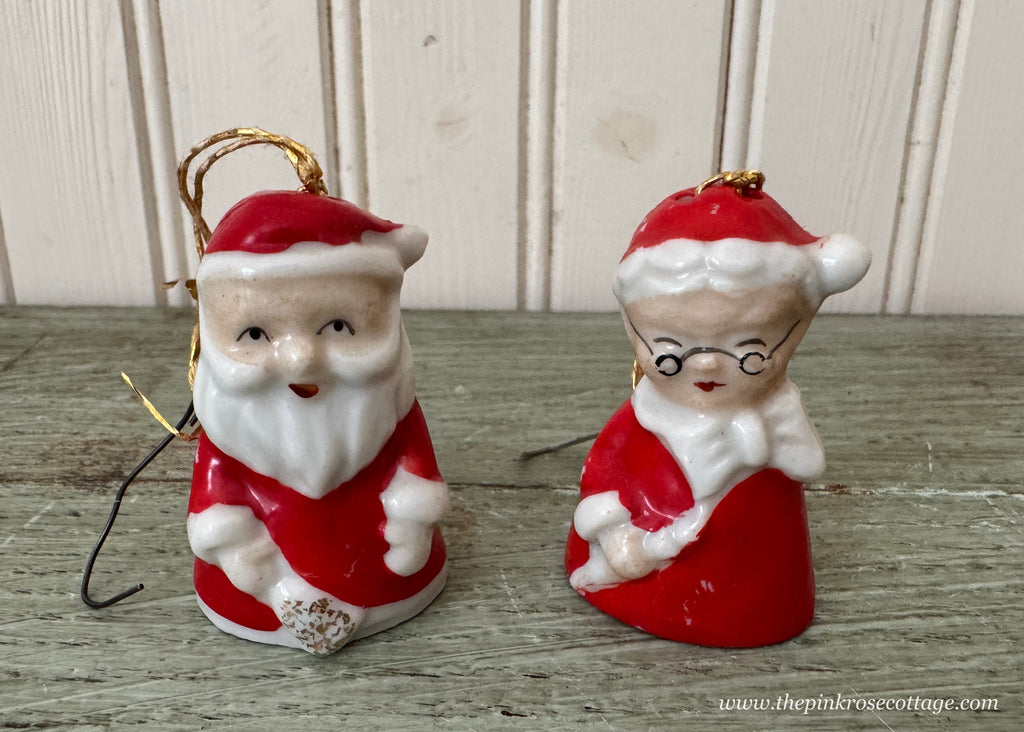 Vintage Mr & Mrs Santa Claus Porcelain Christmas Bell Ornaments Japan - The Pink Rose Cottage 