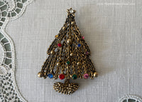 Vintage Antiqued Gold and Rhinestone Christmas Tree Brooch Pin