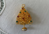 Unusual Vintage Christmas Tree Pin Gold Wire and Rhinestones