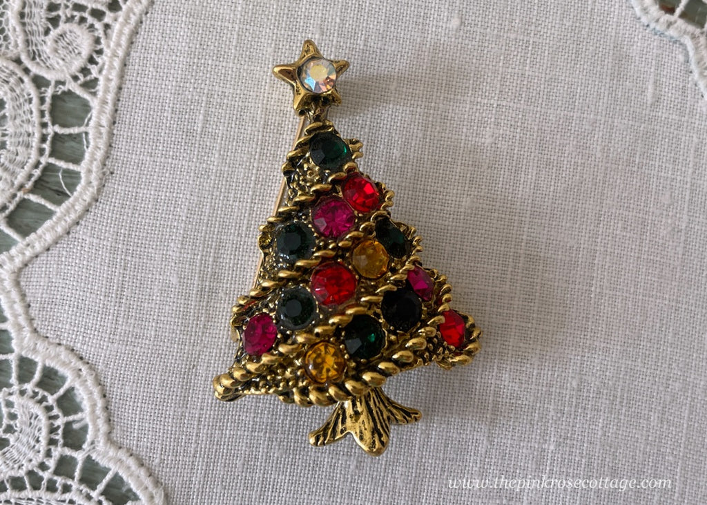 Vintage Antiqued Gold and Rhinestone  Christmas Tree