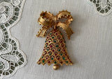 Vintage MYLU Christmas Bow and Rhinestone Bell Brooch Pin
