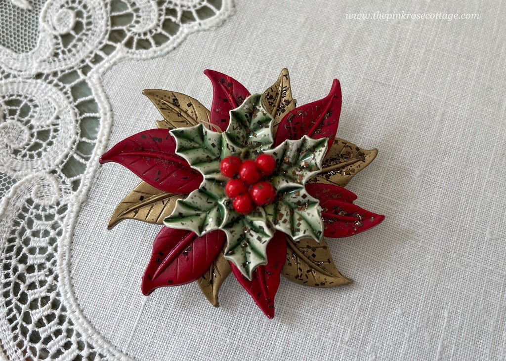 Vintage Christmas Poinsettia with Miraculous Medal Brooch Pin