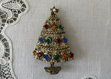 Vintage Antiqued Gold Rhinestone Christmas Tree Pin Brooch