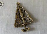 Vintage Antiqued Gold Rhinestone Christmas Tree Pin Brooch