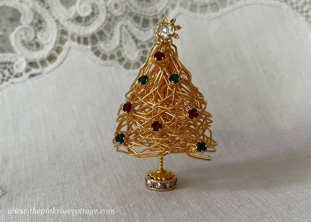 Unusual Vintage Christmas Tree Pin Gold Wire and Rhinestones