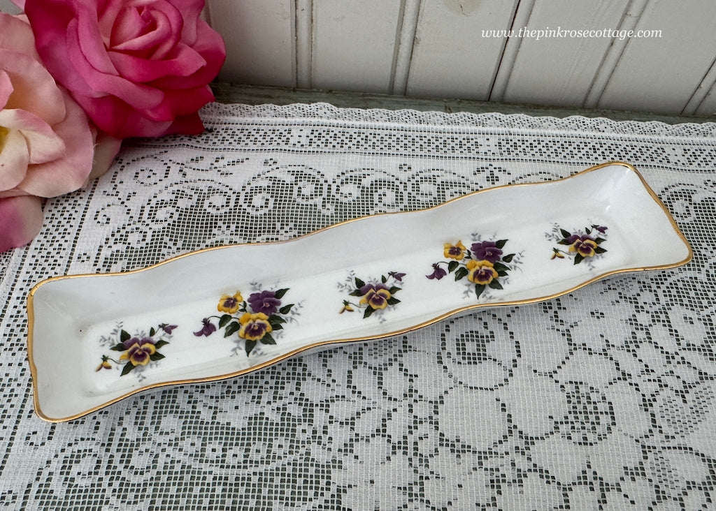 Vintage Yellow Purple Pansies Olive Trinket Dish England