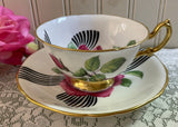 Vintage Adderley Bold Pink Rose White Black Ribbon Teacup and Saucer