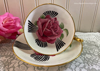 Vintage Adderley Bold Pink Rose White Black Ribbon Teacup and Saucer