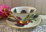 Vintage Adderley Bold Pink Rose White Black Ribbon Teacup and Saucer