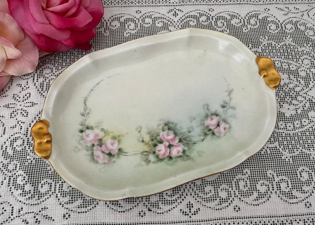 Vintage Hand Painted Pink Roses on Green Trinket Dish
