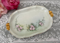 Vintage Hand Painted Pink Roses on Green Trinket Dish