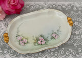 Vintage Hand Painted Pink Roses on Green Trinket Dish